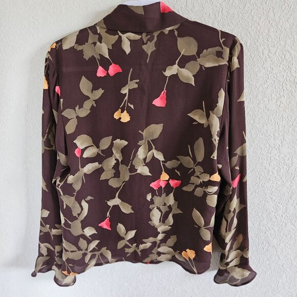 Caslon woman Size L 100% Silk Blouse Dark Floral Old Money Ruffle Sleeve Buttons - Picture 2 of 7